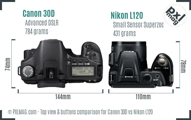 Canon 30D vs Nikon L120 top view buttons comparison