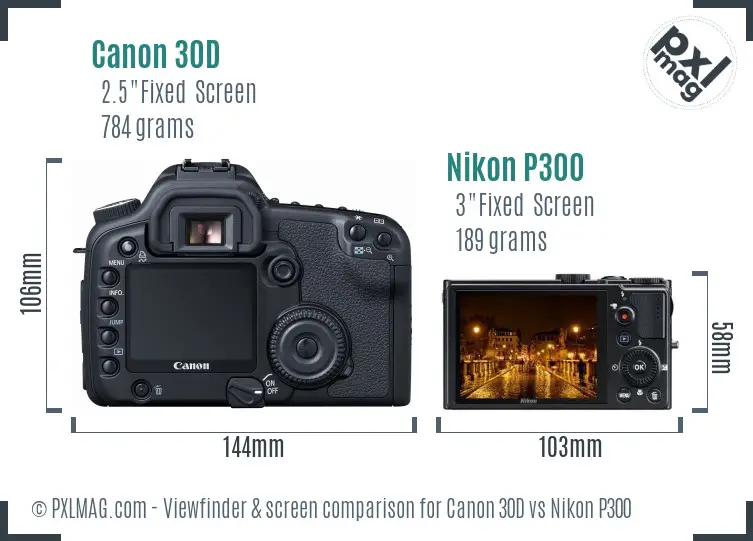 Canon 30D vs Nikon P300 Screen and Viewfinder comparison