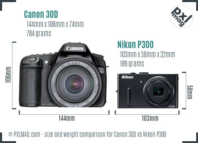 Canon 30D vs Nikon P300 size comparison