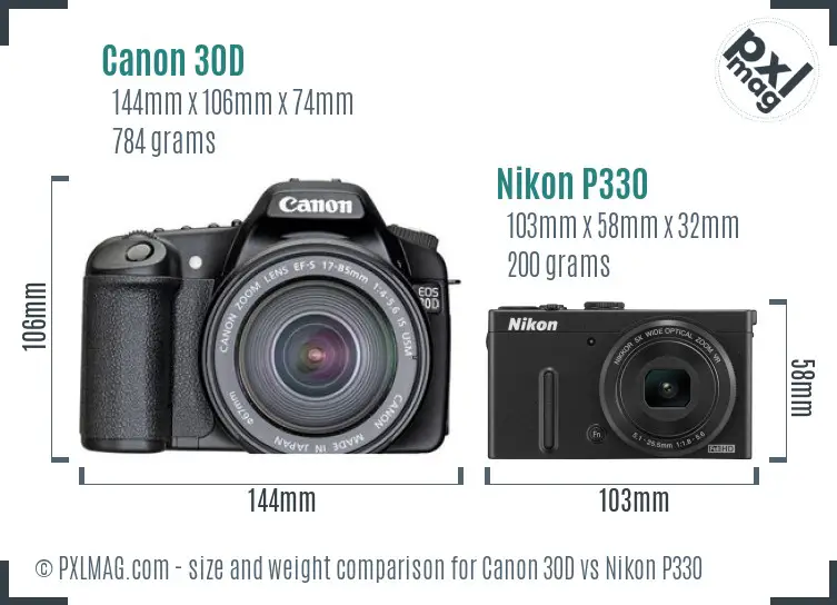 Canon 30D vs Nikon P330 size comparison