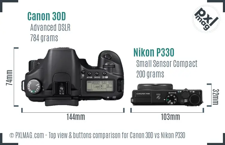 Canon 30D vs Nikon P330 top view buttons comparison