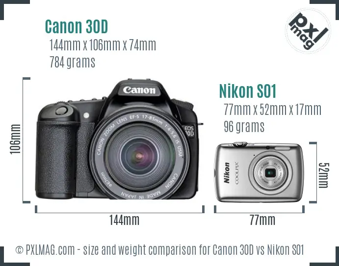 Canon 30D vs Nikon S01 size comparison