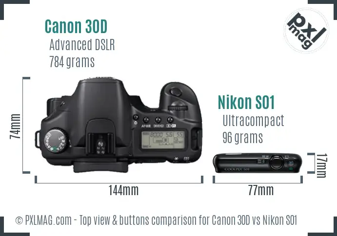 Canon 30D vs Nikon S01 top view buttons comparison
