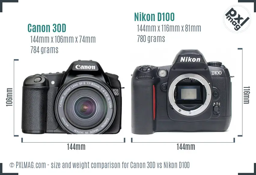 Canon 30D vs Nikon D100 size comparison
