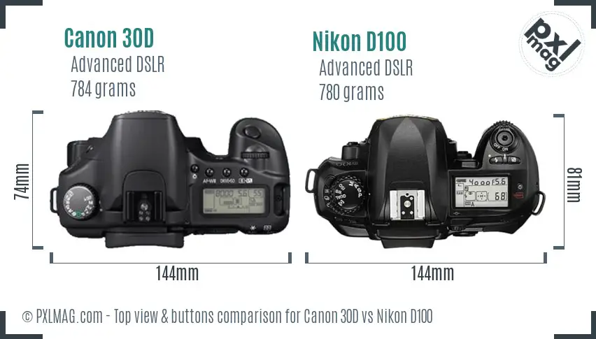 Canon 30D vs Nikon D100 top view buttons comparison