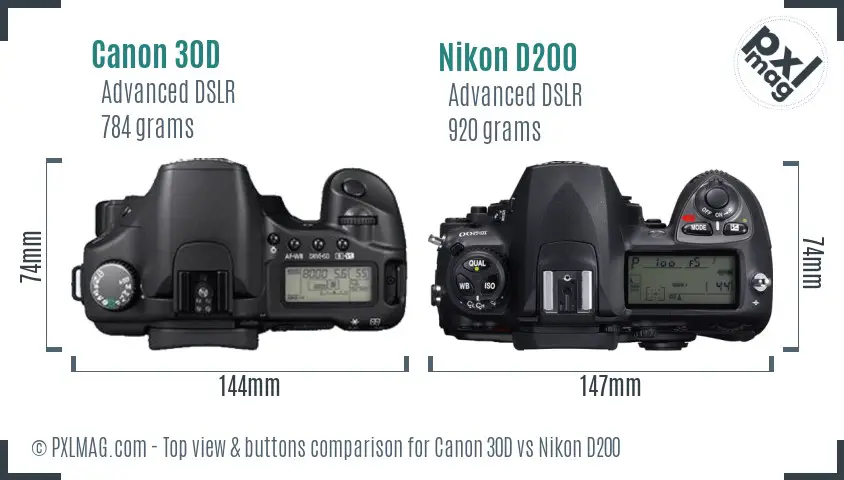 Canon 30D vs Nikon D200 top view buttons comparison
