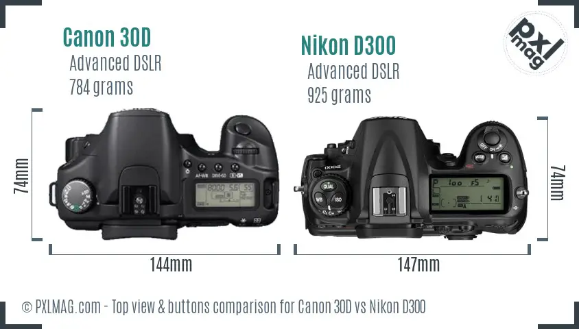 Canon 30D vs Nikon D300 top view buttons comparison