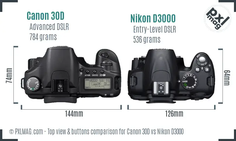 Canon 30D vs Nikon D3000 top view buttons comparison