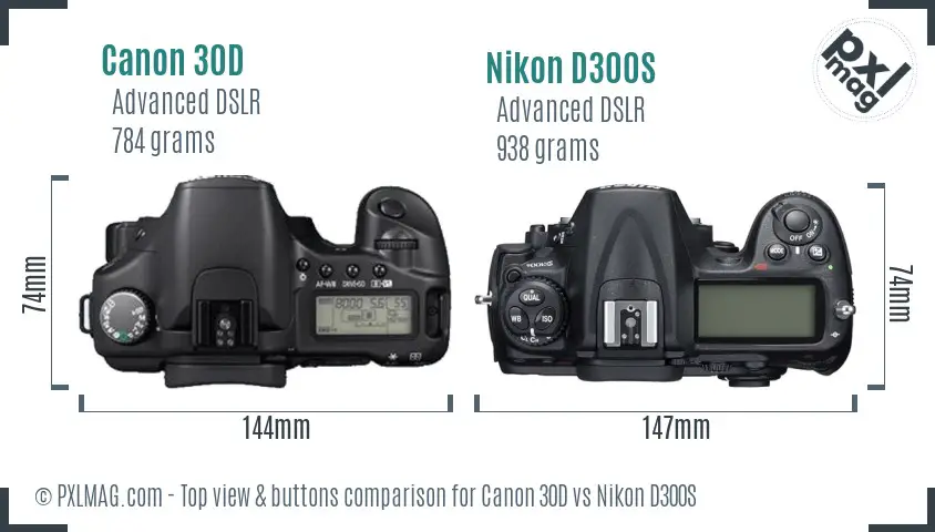 Canon 30D vs Nikon D300S top view buttons comparison