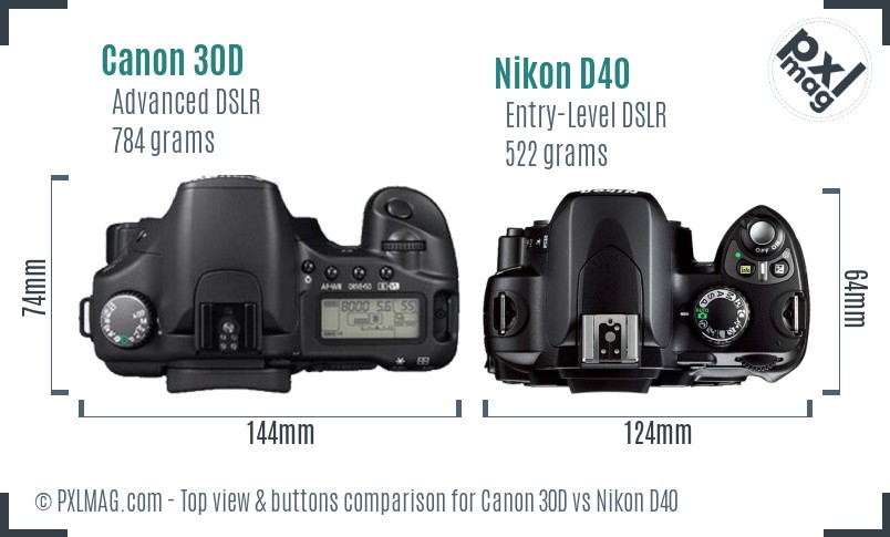 Canon 30D vs Nikon D40 top view buttons comparison