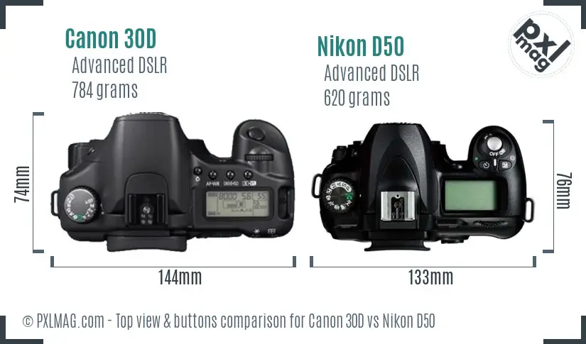 Canon 30D vs Nikon D50 top view buttons comparison