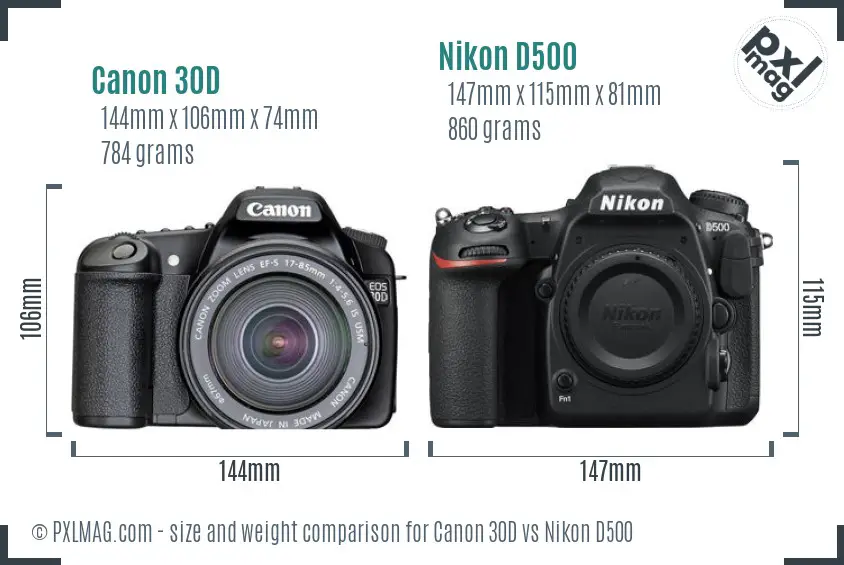 Canon 30D vs Nikon D500 size comparison