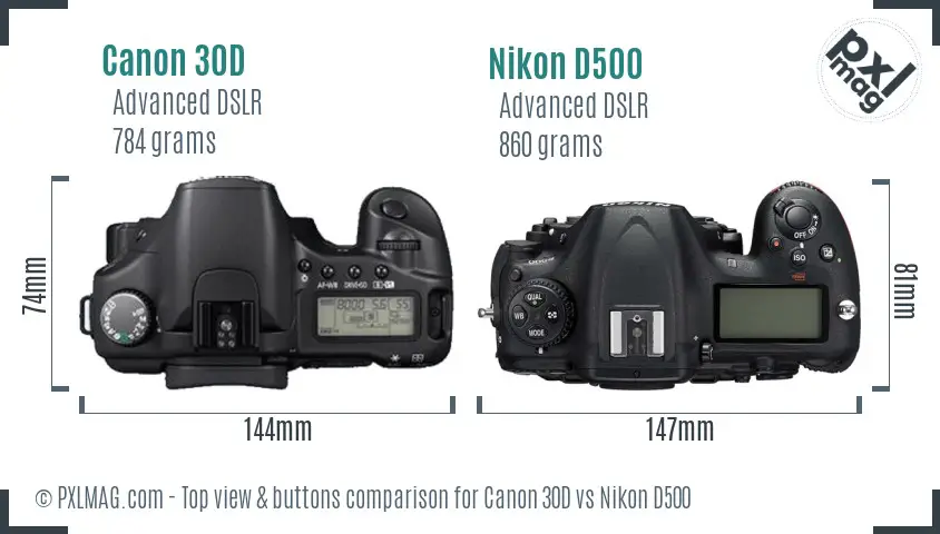 Canon 30D vs Nikon D500 top view buttons comparison