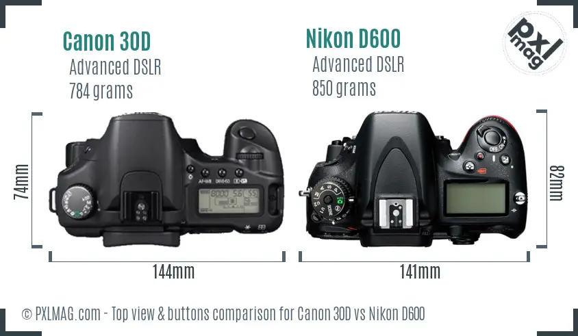 Canon 30D vs Nikon D600 top view buttons comparison