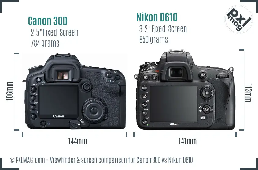 Canon 30D vs Nikon D610 Screen and Viewfinder comparison