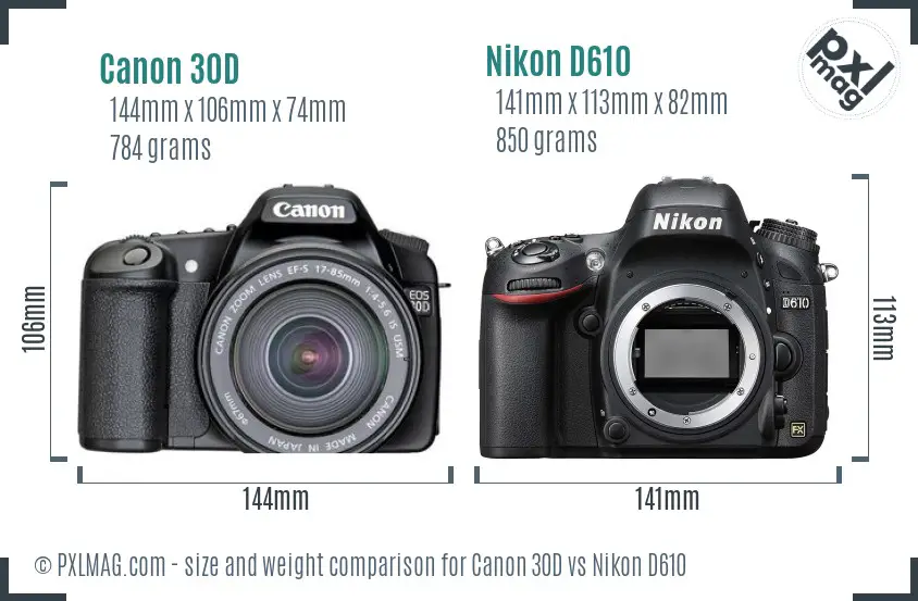 Canon 30D vs Nikon D610 size comparison