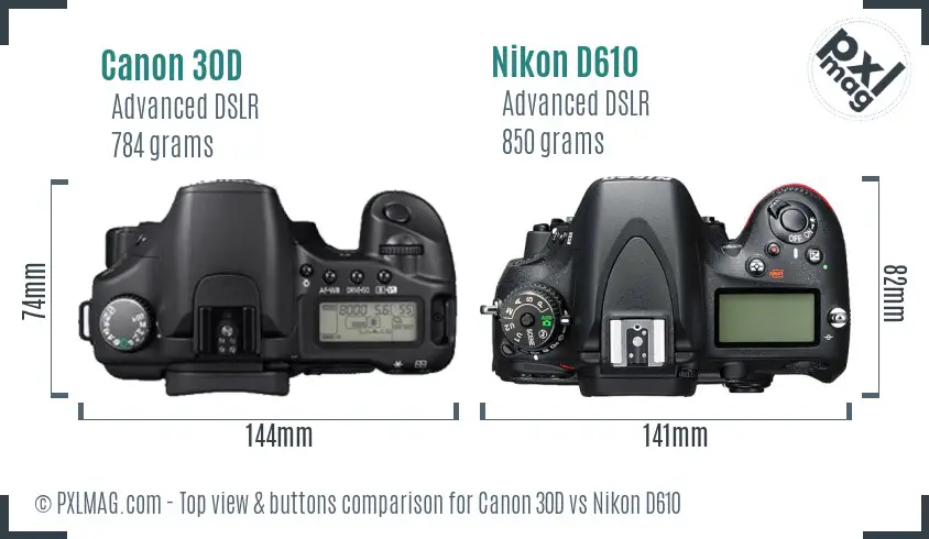 Canon 30D vs Nikon D610 top view buttons comparison