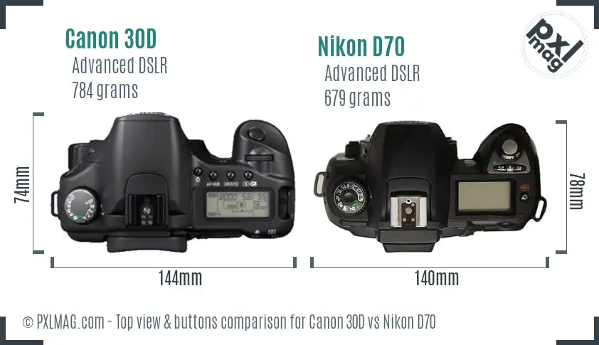 Canon 30D vs Nikon D70 top view buttons comparison