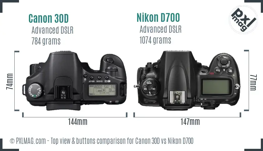 Canon 30D vs Nikon D700 top view buttons comparison