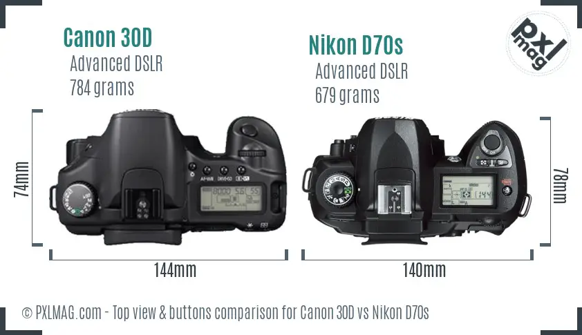Canon 30D vs Nikon D70s top view buttons comparison