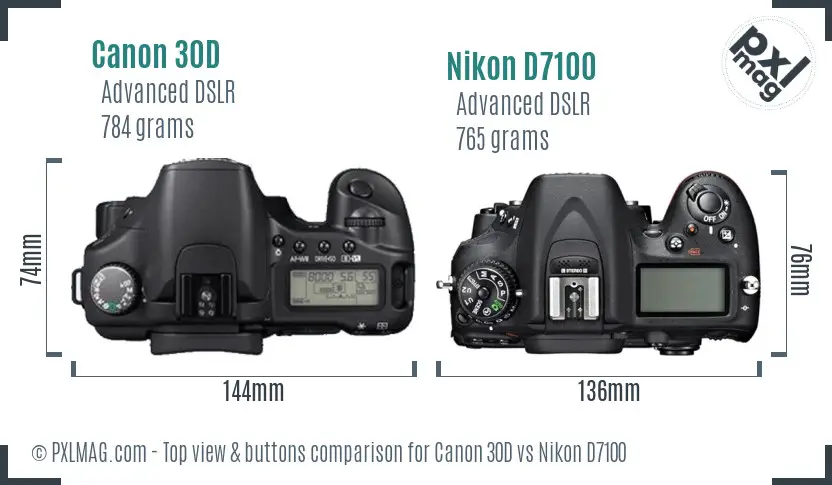 Canon 30D vs Nikon D7100 top view buttons comparison