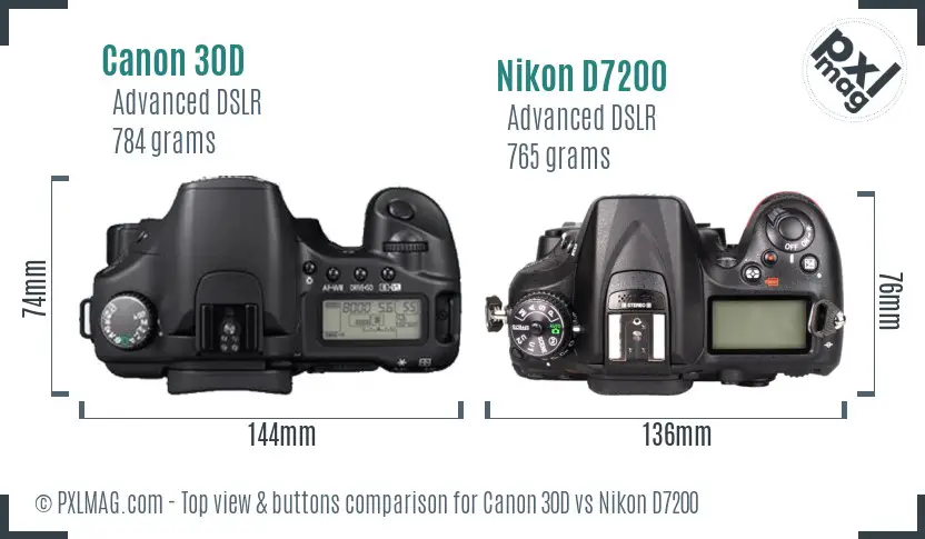 Canon 30D vs Nikon D7200 top view buttons comparison