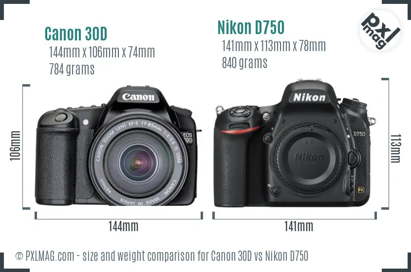 Canon 30D vs Nikon D750 size comparison