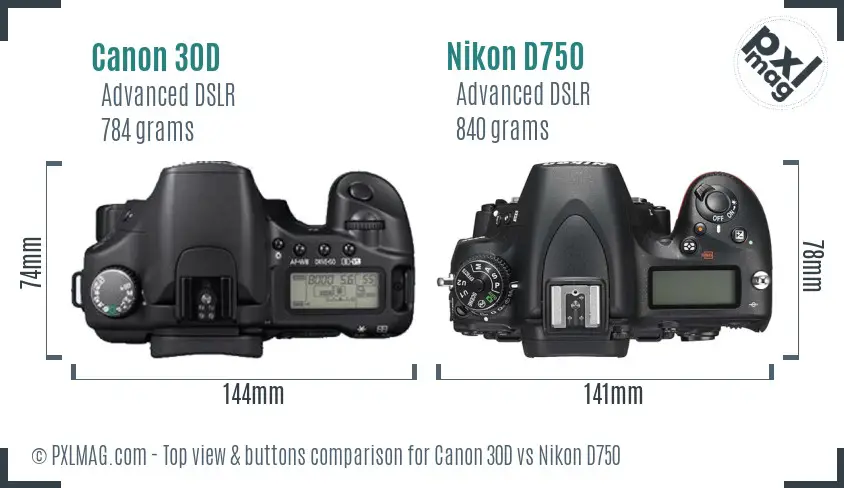 Canon 30D vs Nikon D750 top view buttons comparison