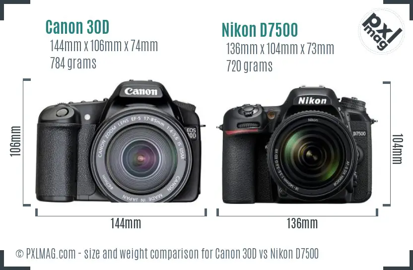 Canon 30D vs Nikon D7500 size comparison