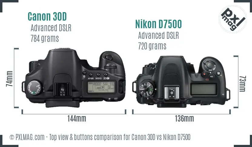 Canon 30D vs Nikon D7500 top view buttons comparison