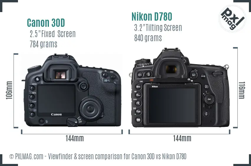 Canon 30D vs Nikon D780 Screen and Viewfinder comparison