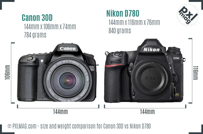 Canon 30D vs Nikon D780 size comparison