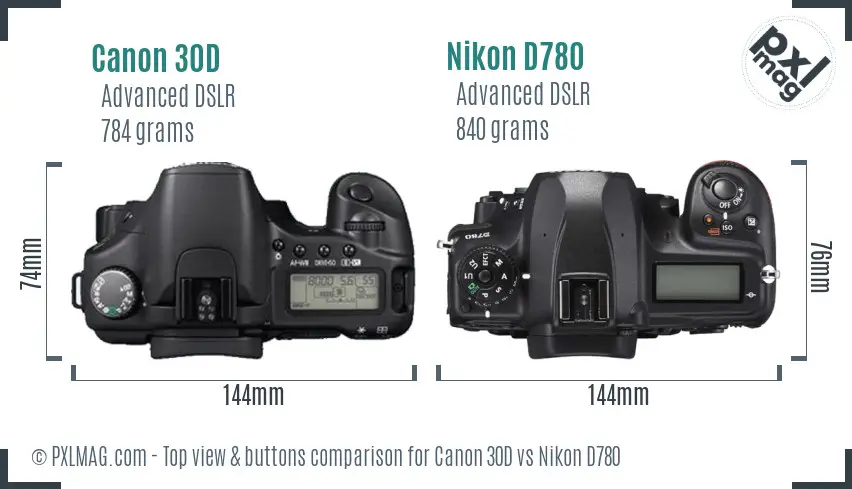 Canon 30D vs Nikon D780 top view buttons comparison