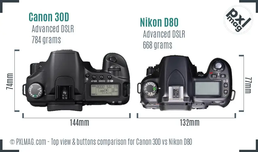 Canon 30D vs Nikon D80 top view buttons comparison
