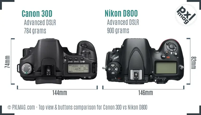 Canon 30D vs Nikon D800 top view buttons comparison
