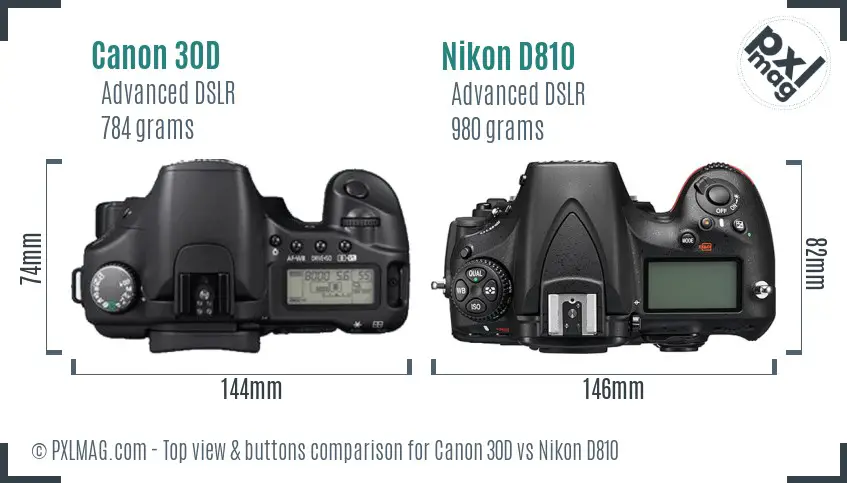 Canon 30D vs Nikon D810 top view buttons comparison