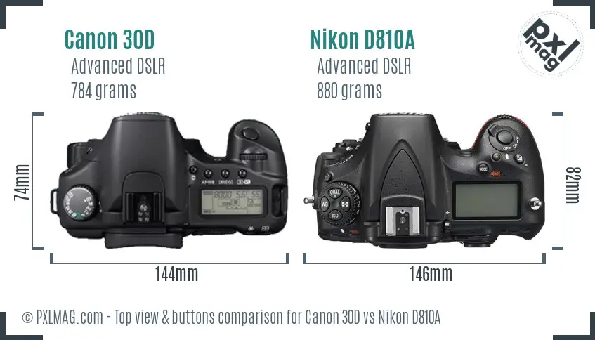 Canon 30D vs Nikon D810A top view buttons comparison