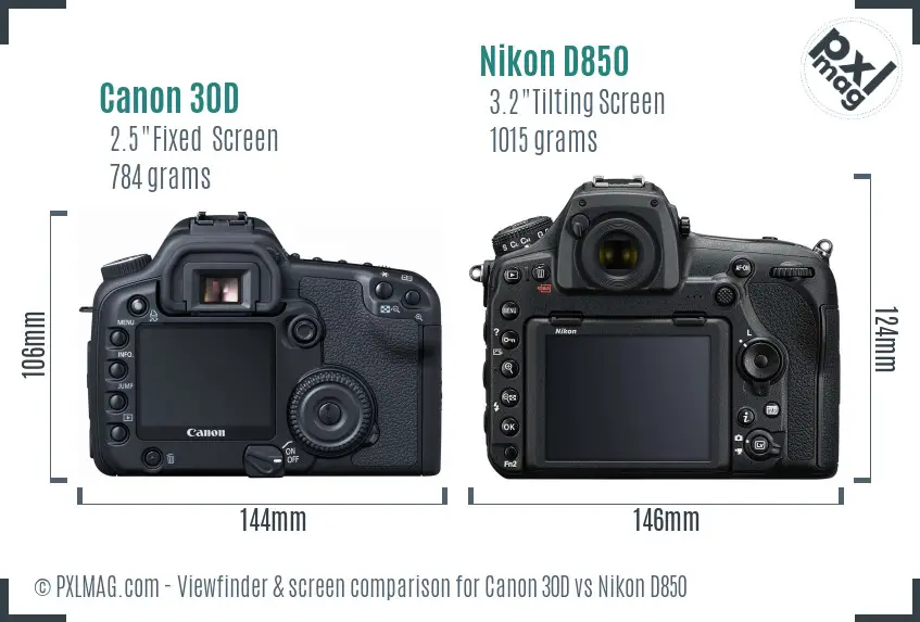 Canon 30D vs Nikon D850 Screen and Viewfinder comparison