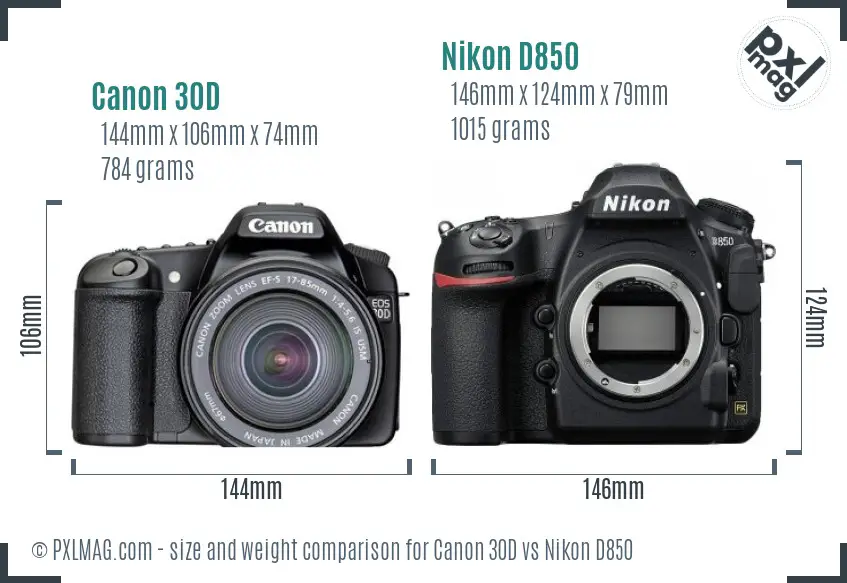 Canon 30D vs Nikon D850 size comparison