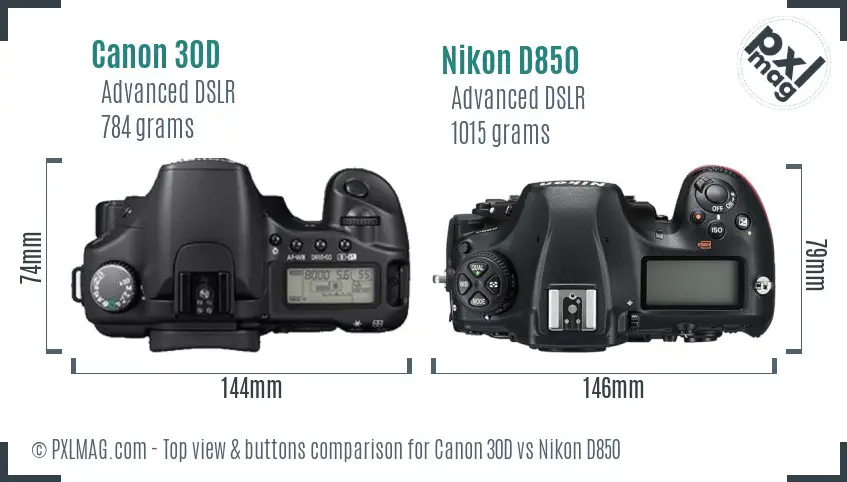 Canon 30D vs Nikon D850 top view buttons comparison