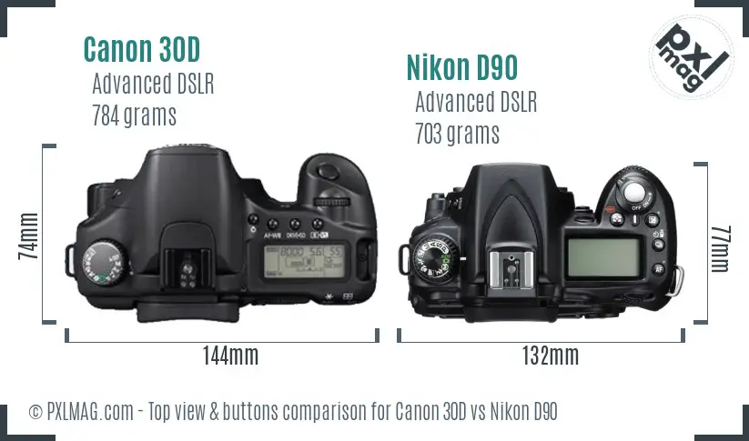 Canon 30D vs Nikon D90 top view buttons comparison