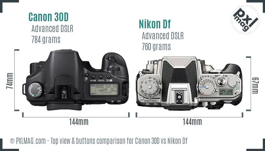 Canon 30D vs Nikon Df top view buttons comparison