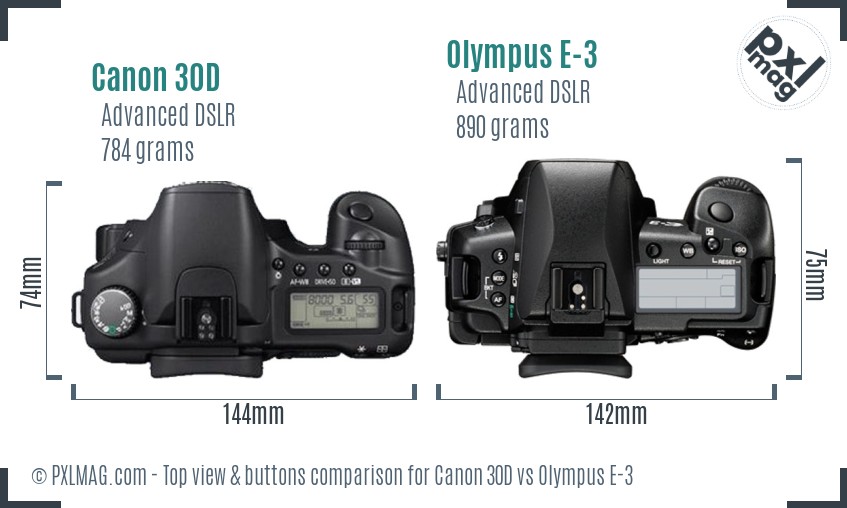 Canon 30D vs Olympus E-3 top view buttons comparison