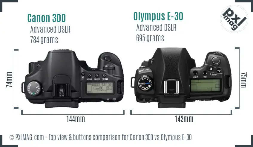 Canon 30D vs Olympus E-30 top view buttons comparison