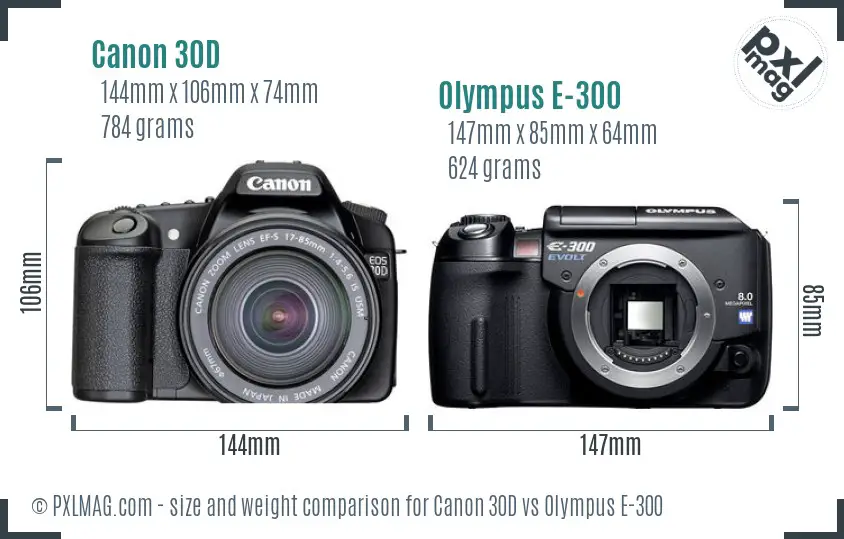 Canon 30D vs Olympus E-300 size comparison