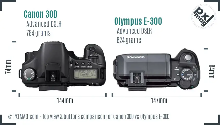 Canon 30D vs Olympus E-300 top view buttons comparison