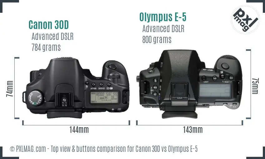 Canon 30D vs Olympus E-5 top view buttons comparison