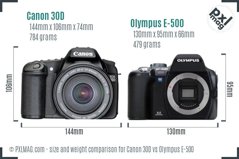 Canon 30D vs Olympus E-500 size comparison