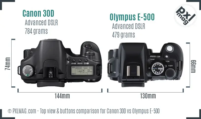 Canon 30D vs Olympus E-500 top view buttons comparison