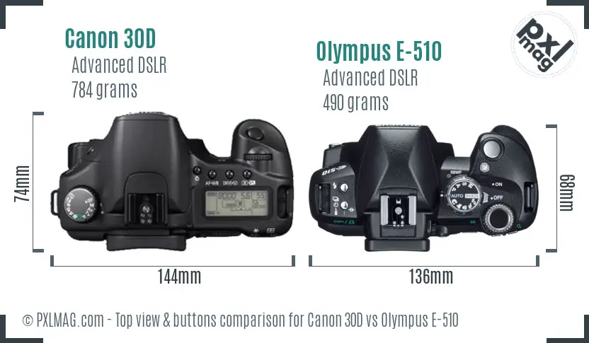 Canon 30D vs Olympus E-510 top view buttons comparison